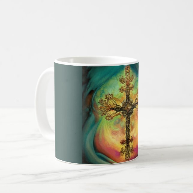 Mug Imaginaire Steampunk Croix Ornate En Aqua (Devant gauche)