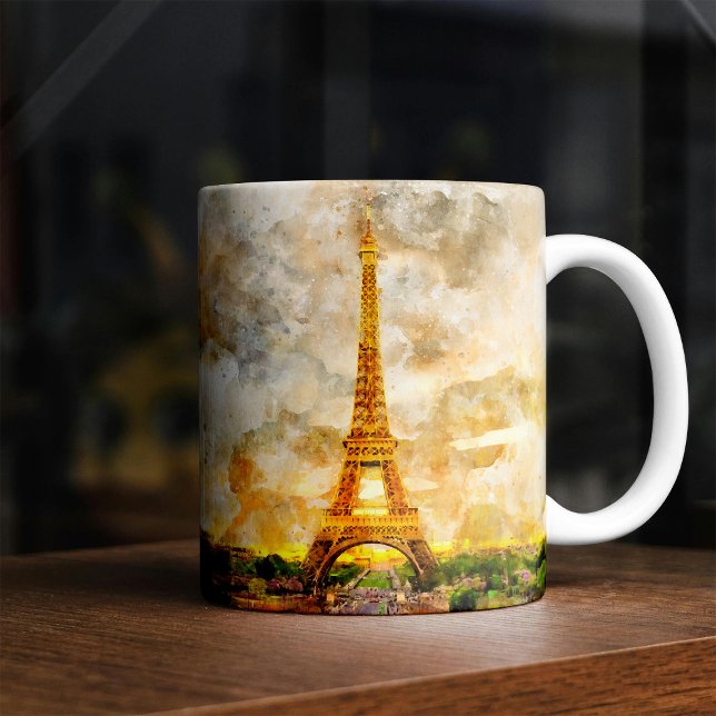 Mug Impression artistique aquarelle du coucher de sole (Paris Eiffel Tower Watercolor Sunset Art Print. Coffee Mug)