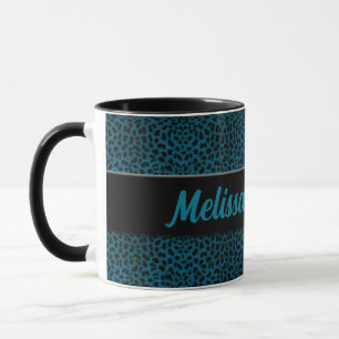Mug Impression Cheetah turquoise avec noir et nom