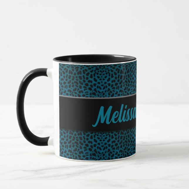 Mug Impression Cheetah turquoise avec noir et nom (Gauche)