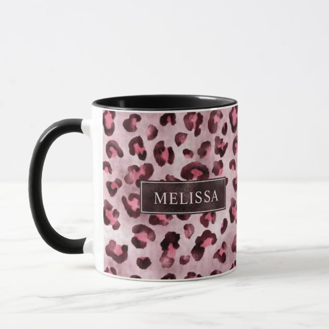 Mug Impression d'animal léopard rose avec fausse feuil (Gauche)