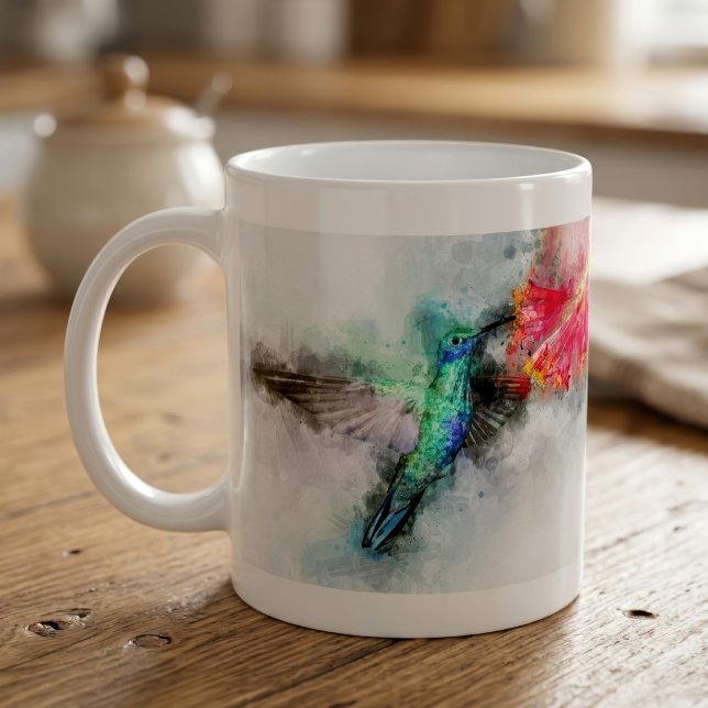 Mug Impression d'art floral à l'aquarelle représentant (Vibrant Hummingbird Watercolor Floral Art Print. Coffee Mug)