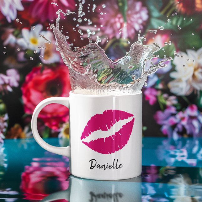 Mug Impression de baiser de rouge à lèvres rose person (Personalized Hot Pink Lipstick Kiss Print Coffee Mug)