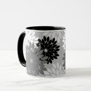 Mug Impression de kimono floral moderne, gris, noir et