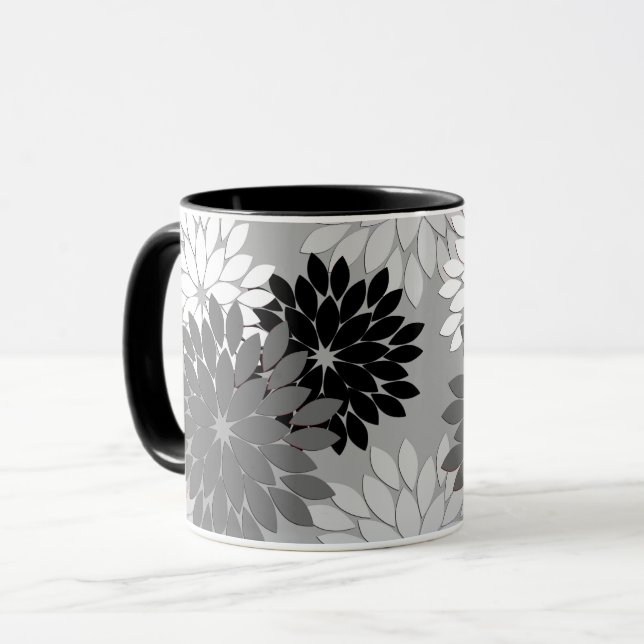 Mug Impression de kimono floral moderne, gris, noir et (Devant gauche)