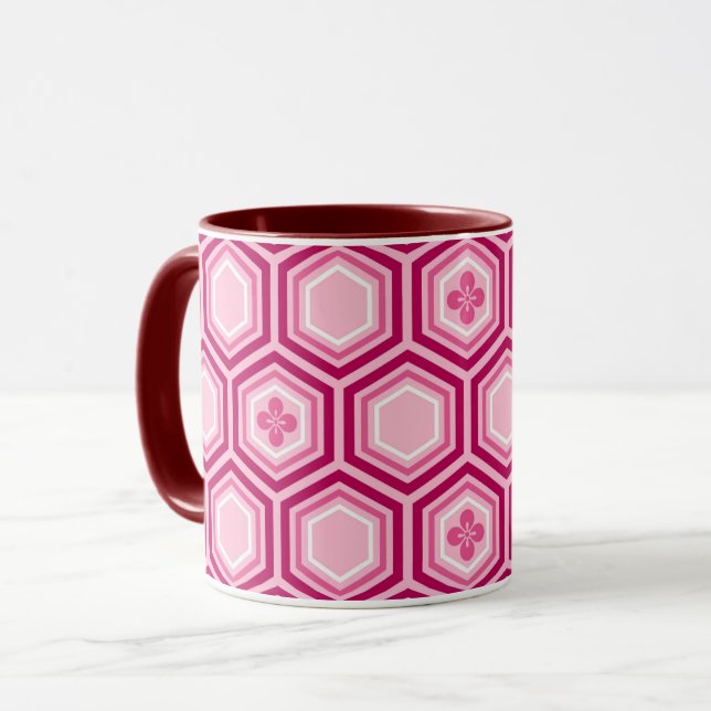 Mug Impression de kimono hexagonal, bordeaux et rose (Devant gauche)