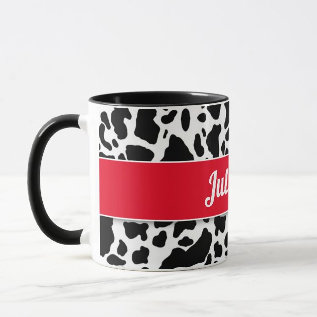 Mug Impression de vache avec bordure rouge et nom blan (Gauche)