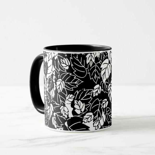 Mug Impression feuille japonaise, noir et blanc (Devant gauche)