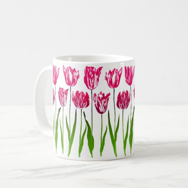 Mug Impression jardin de tulipes en rose fuchsia et ve (Devant gauche)