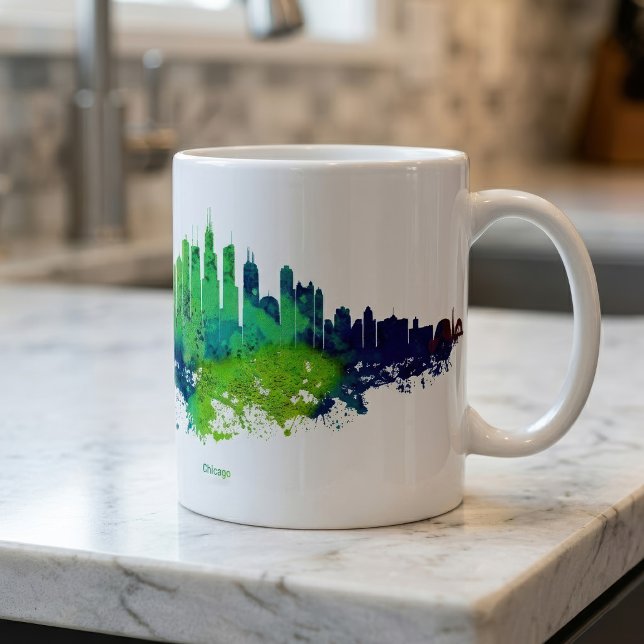 Mug Impressions d'art à l'aquarelle de la skyline de C (Chicago Skyline Watercolor Blue & Lime Art Prints. Coffee Mug)
