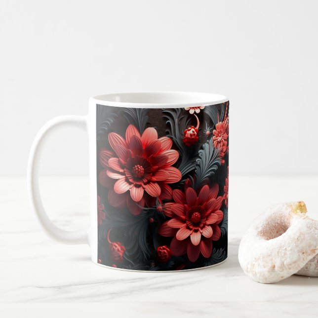 Mug Imprimé en 3D en couleur rouge et noir Fleurs (Avec donut)