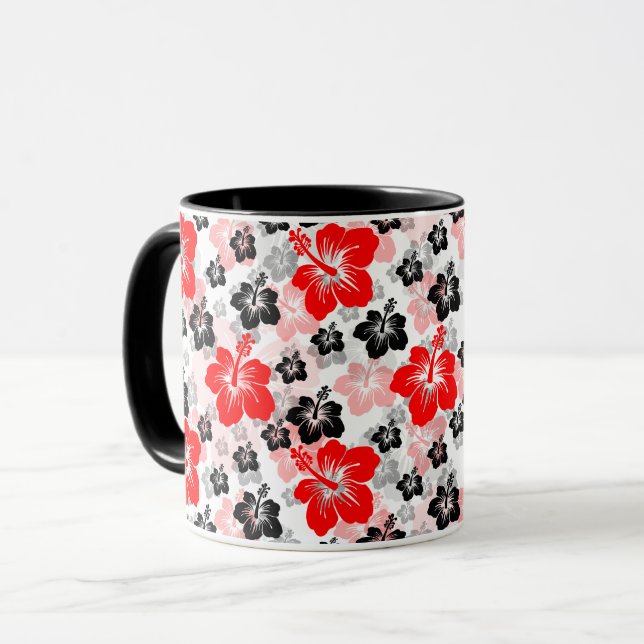 Mug Imprimé floral d'Hibiscus Tropical Rouge Noir  (Devant gauche)