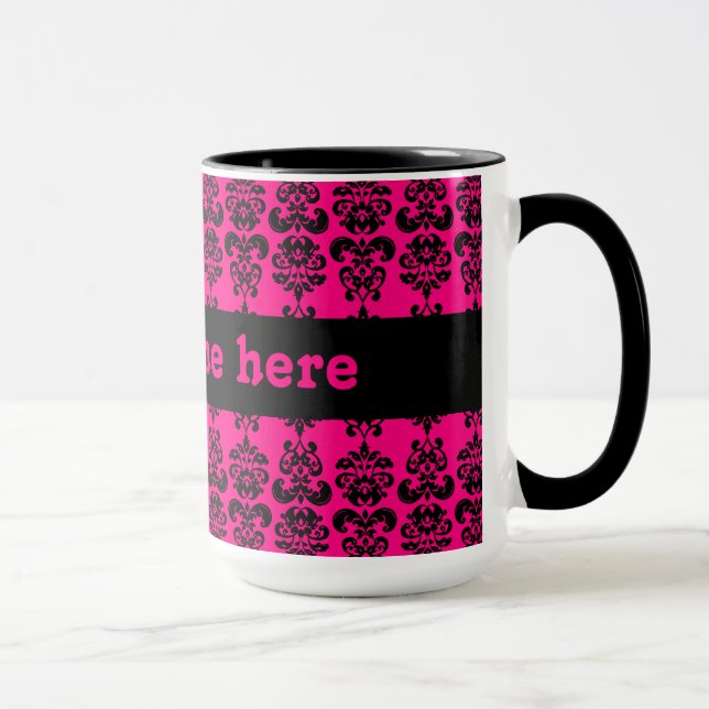 Mug imprimé Fuschia et mini damas noir (Droite)