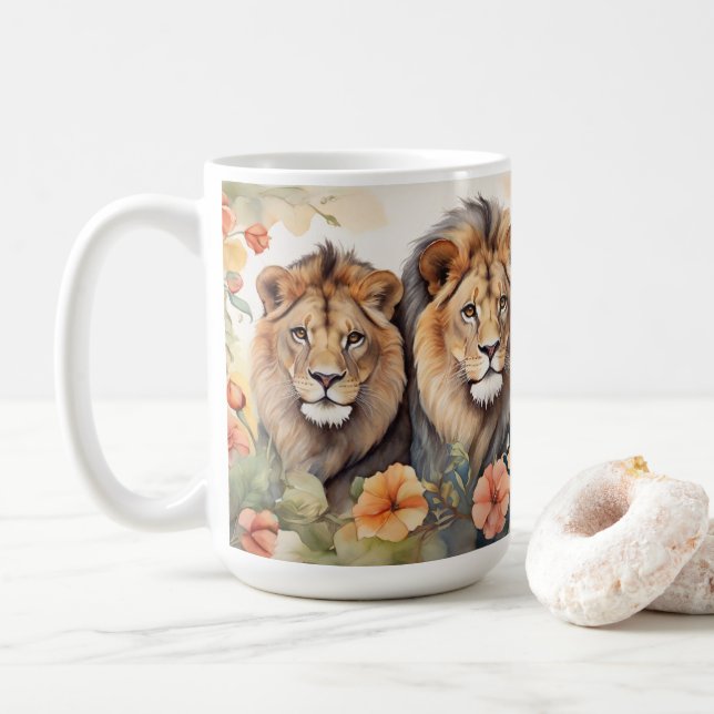 Mug Imprimer Lion majestueux et aquarelle florale (Avec donut)