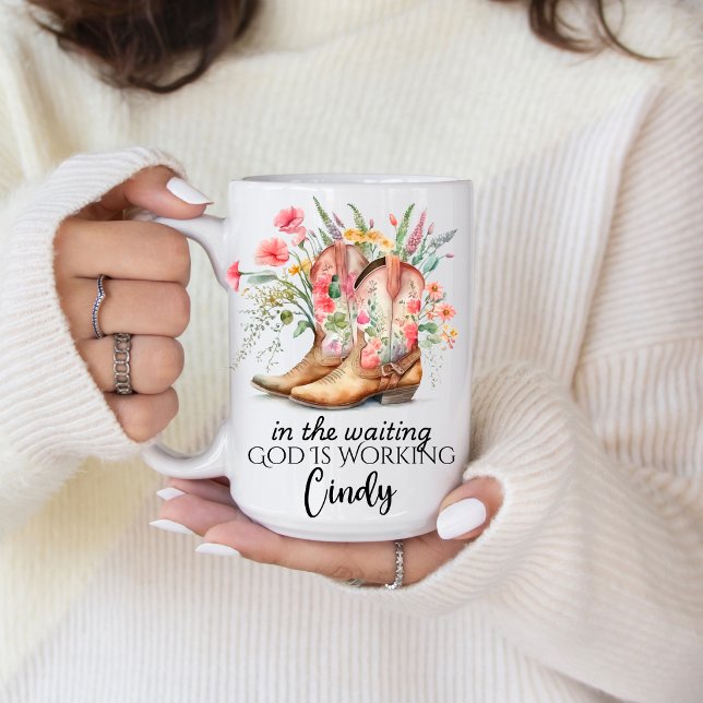 Mug In the Waiting God is Working | Personalized Name  (Encourage the one you love with this beautiful God is Working quote. )