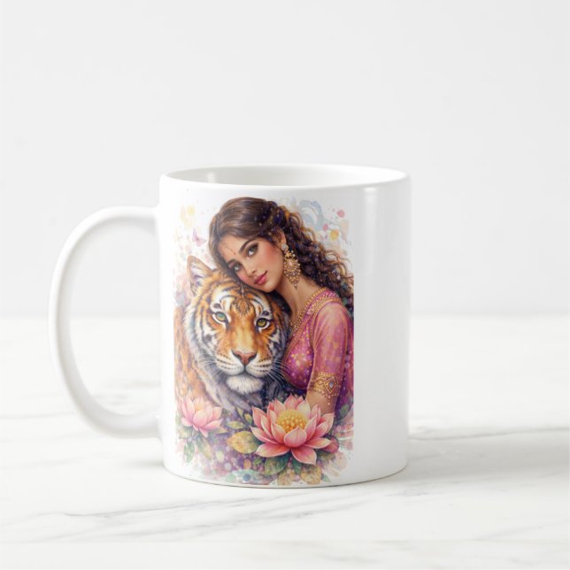 Mug Indischer Frühling - Porträt Frau mit Tiger (Gauche)