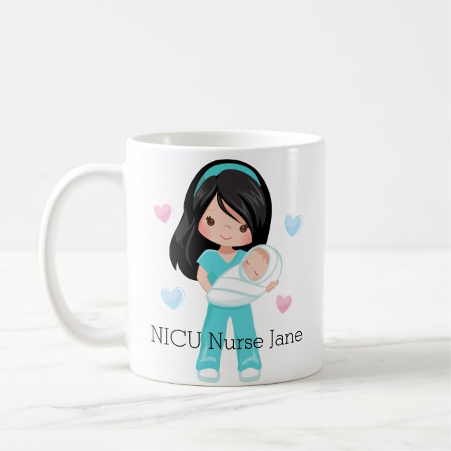 Mug Infirmière personnalisée des cheveux noirs NICU (Gauche)