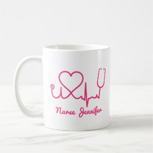 Mug Infirmière personnalisée rose Nom Stethoscope Coeu