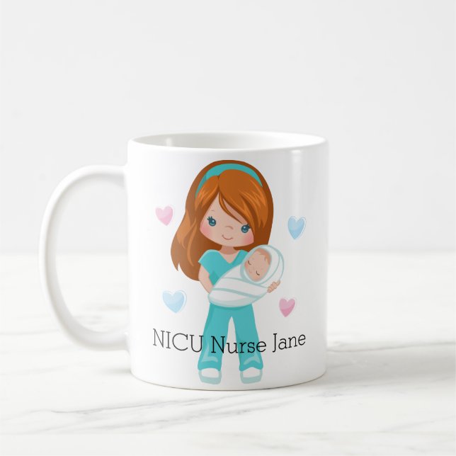 Mug Infirmière rouge personnalisée des cheveux NICU (Gauche)