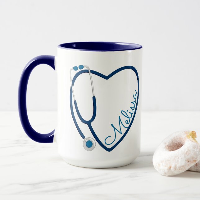 Mug Infirmière Stethoscope Coeur Bleu Café Amusant (Avec donut)