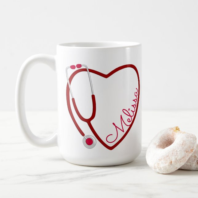 Mug Infirmière Stethoscope Coeur Café Rouge Amusant (Avec donut)