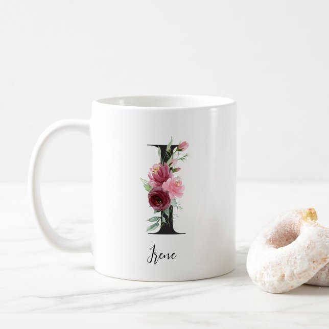 Mug Initial floral I Roses roses burgundy rose éditabl (Avec donut)