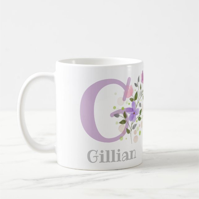 Mug Initial Plus Nom Chrétien Gillian. Design floral (Gauche)
