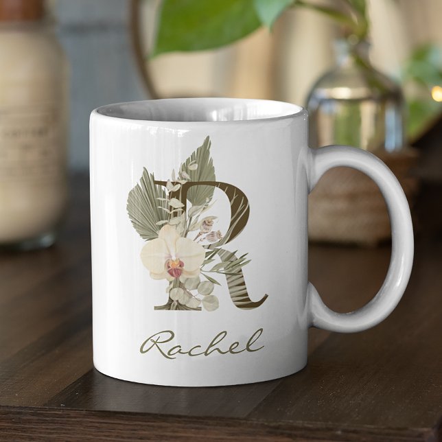 Mug Initial R Boho Floral Orchid Greenery Custom (Boho Floral Orchid Greenery Mug: Personalize with Your Name and Initial)