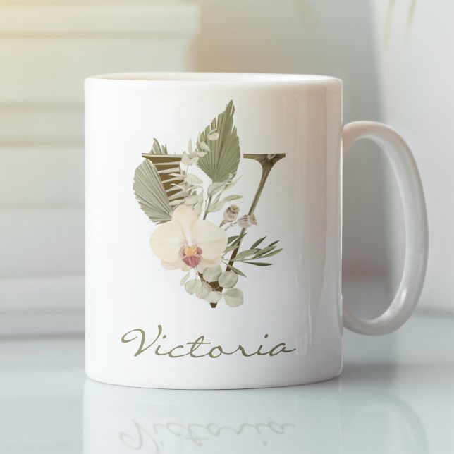 Mug Initial V Boho Floral Orchid Greenery Custom (Créateur téléchargé)
