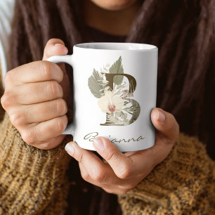 Mug Initiale B Boho Floral Orchid Green Nom personnali