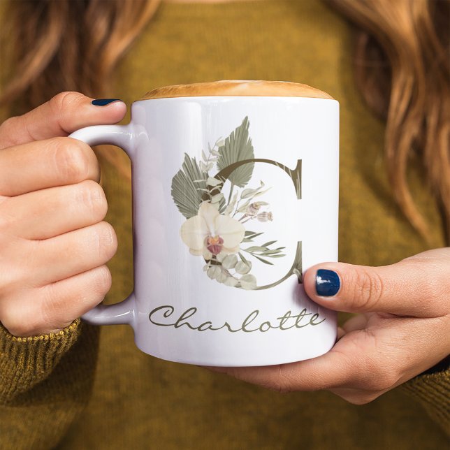 Mug Initiale C Boho Floral Orchid Green Nom personnali (Créateur téléchargé)