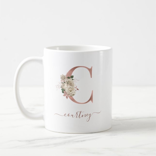 Mug Initiale "C" Monogramme Doré Rose et Ivoire Floral (Gauche)