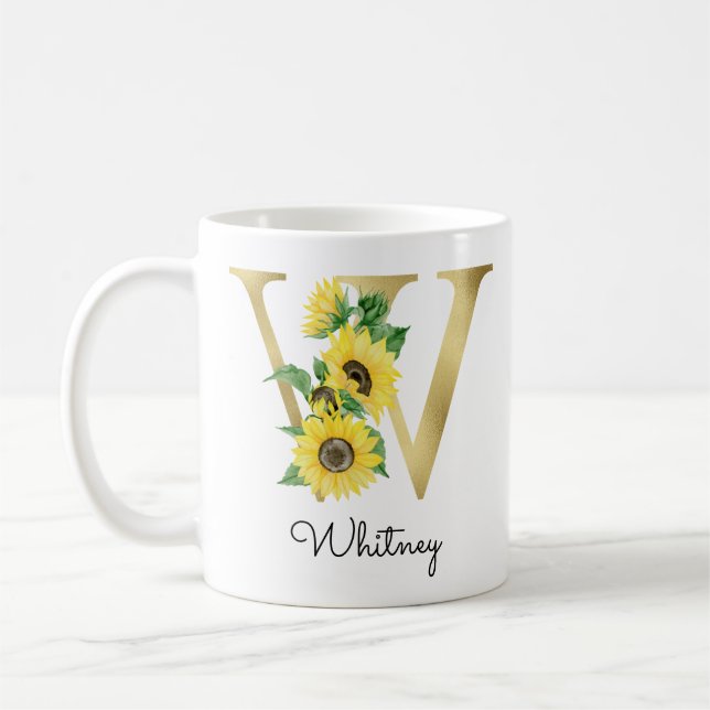 Mug Initiale de fleur de tournesol dorée personnalisée (Gauche)