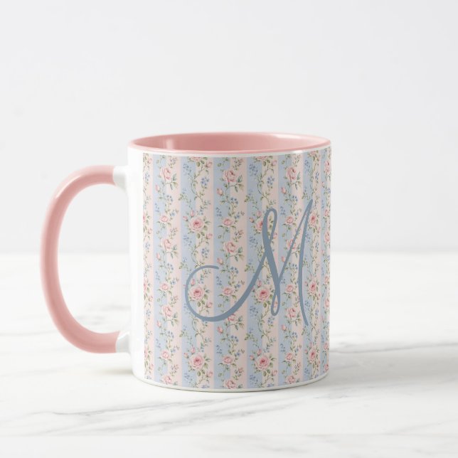 Mug Initiale de monogramme Roses florales rayées rose  (Gauche)