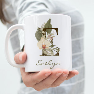 Mug Initiale E Boho Floral Orchid Green Nom personnali
