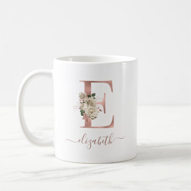 Mug Initiale "E" Monogramme Doré Rose et Ivoire Floral (Gauche)