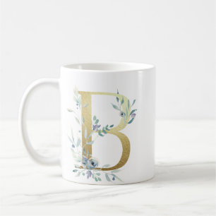 Mug Initiale en or B avec feuillage floral bleu