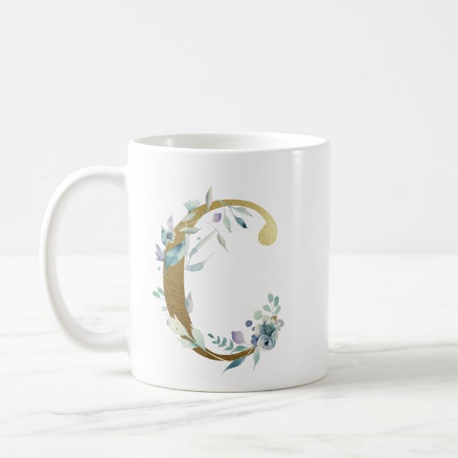 Mug Initiale en or C avec feuillage floral bleu (Gauche)