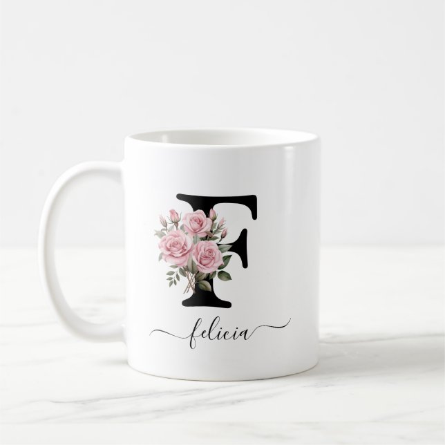 Mug Initiale F Roses Roses Florales Fleurs Monogramme  (Gauche)