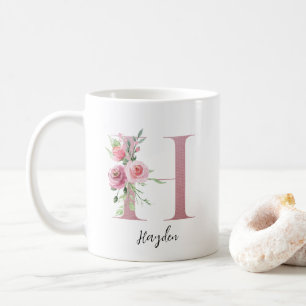 Mug Initiale Florale H Roses Blush Editable Nom