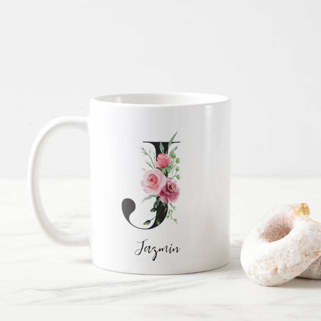 Mug Initiale Florale J Roses Roses Pink Editable Nom (Avec donut)