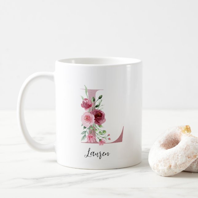 Mug Initiale florale L Roses bordeaux Nom modifiable (Avec donut)