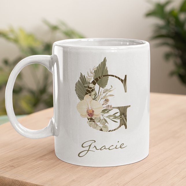Mug Initiale G Boho Floral Orchid Green Nom personnali (Créateur téléchargé)