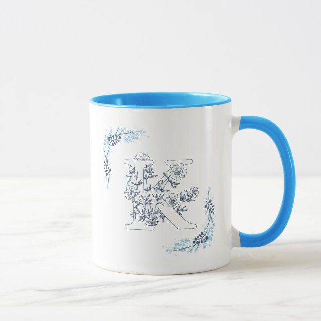 Mug Initiale "K" Blue Monogram Calme Floral Café (Droite)