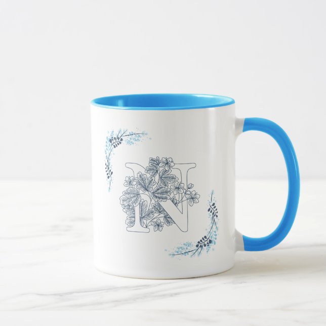Mug Initiale "N" Blue Monogram Calme Floral Café (Droite)