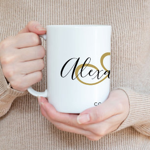 Mug Initiale Nommée Élégante Monogrammée Noir Or Scrip