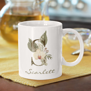 Mug Initiale S Boho Floral Orchid Green Nom personnali