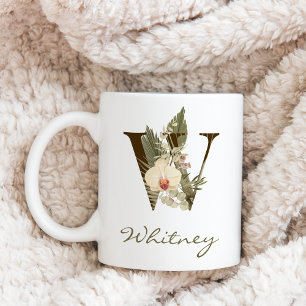 Mug Initiale W Boho Floral Orchid Green Nom personnali