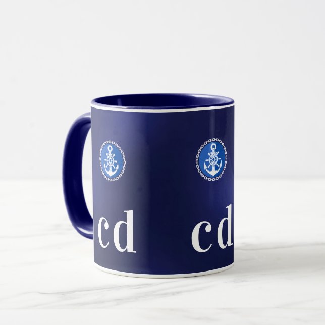Mug Initiales de monogramme bleu marine blanc (Devant gauche)
