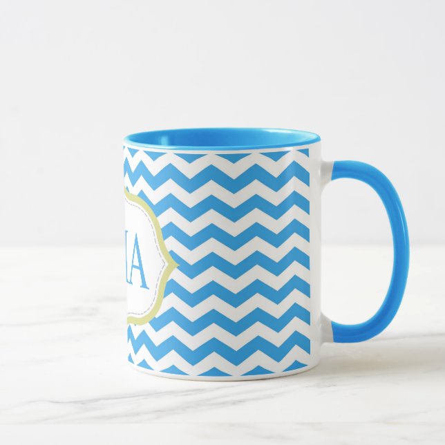 Mug initiales monogramme modernes rayures chevron bleu (Droite)